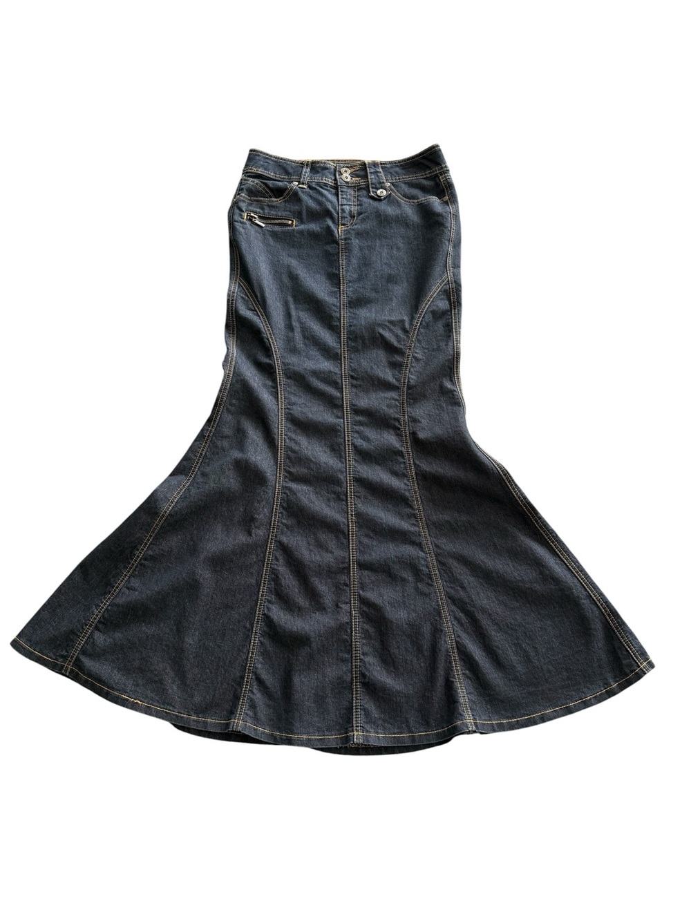 Vintage Bisou Bisou Michele Bohbot Dark Wash Denim Mermaid Maxi Skirt Size 4 Y2K
